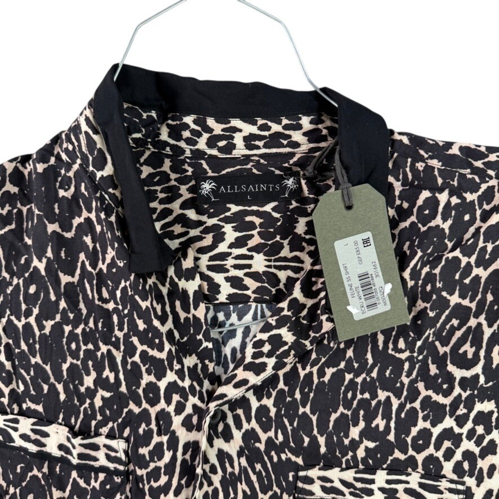 AllSaints Feline SS Shirt Women Large Ecru‎ White Leopard Print Loop Collar NWT